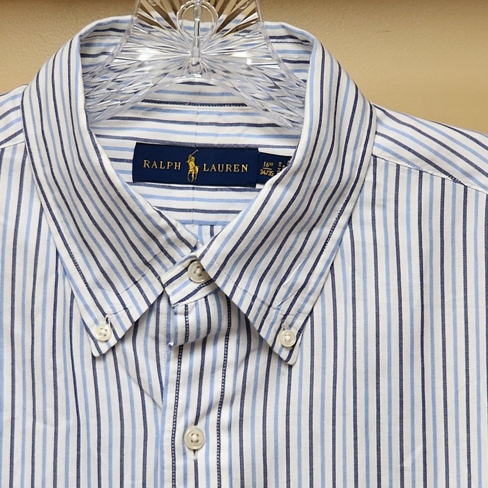 POLO Ralph Lauren Blue Stripe on White Lightweight Cotton L/S 16.5-34/35